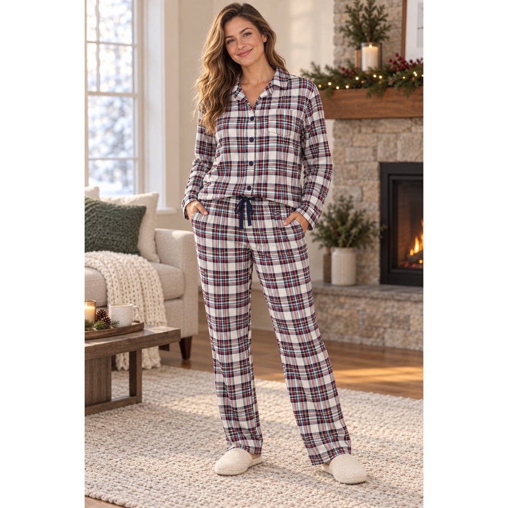 PajamaGram Pajama Set Large Plaid Button Front Cotton Stretch Holiday PJs